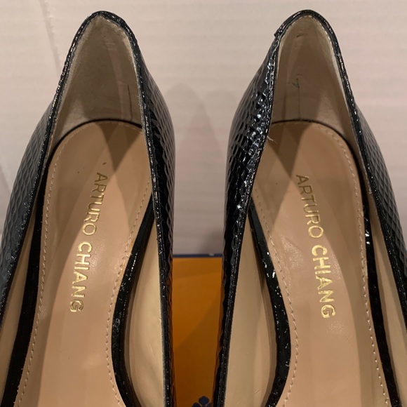 Arturo Chiang Alexis Black Patent Snake Peep Toe Platform Stiletto Heel Shoes - Picture 3 of 9